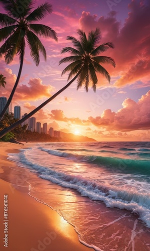 Tropical Beach Sunset with Palm Trees and City Skyline.