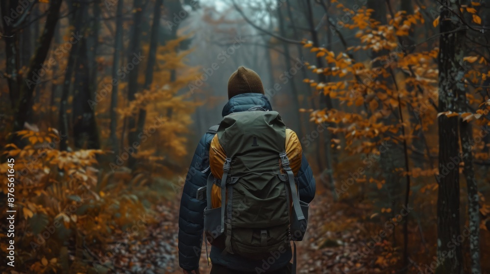 person with hiking equipment, walking on a trail in the forest generative ai person with hiking equipment, walking on a trail in the forest generative ai