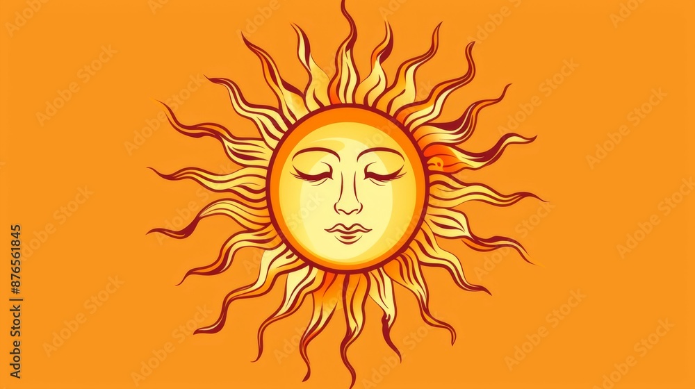 A vibrant sun face illustration adorned with flowing red-orange rays, conveying warmth, energy, and joy, set against a bold orange background, representing a lively artistic expression. A vibrant sun face illustration adorned with flowing red-orange rays, conveying warmth, energy, and joy, set against a bold orange background, representing a lively artistic expression.