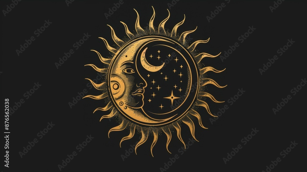 Fototapeta premium This image illustrates a sun and moon face surrounded by various celestial objects, including stars and a crescent moon, all placed within an artistic circular frame.