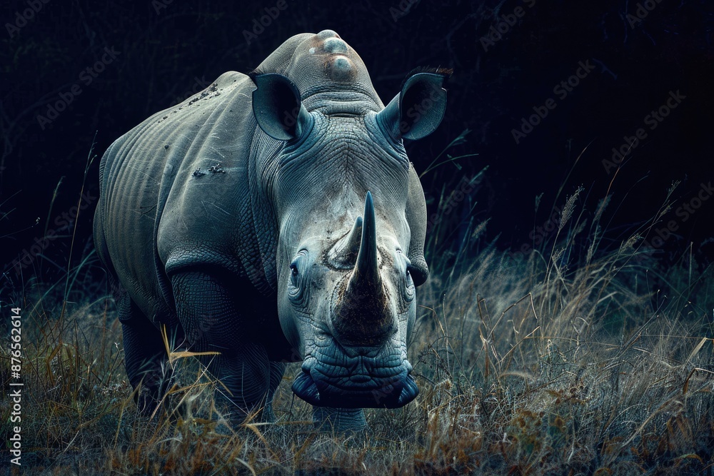 Obraz premium A rhino is standing in a field of tall grass. The rhino is looking at the camera, and the image has a moody, dark atmosphere