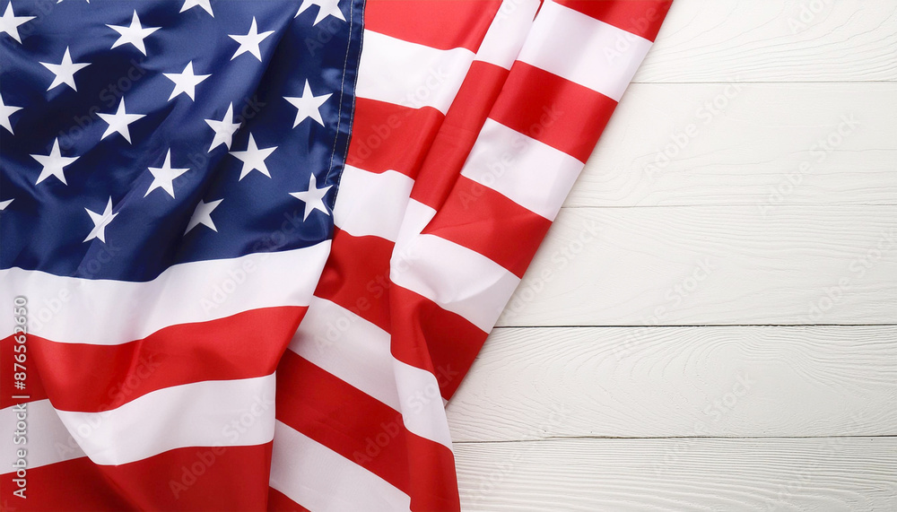 Obraz premium American flag, white wood, top view with copy space.
