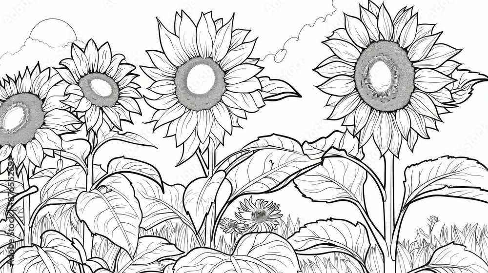 custom made wallpaper toronto digitalThis line art illustration depicts four blooming sunflowers in a lush garden under clear skies, capturing the beauty and vitality of nature in a simple yet elegant manner.