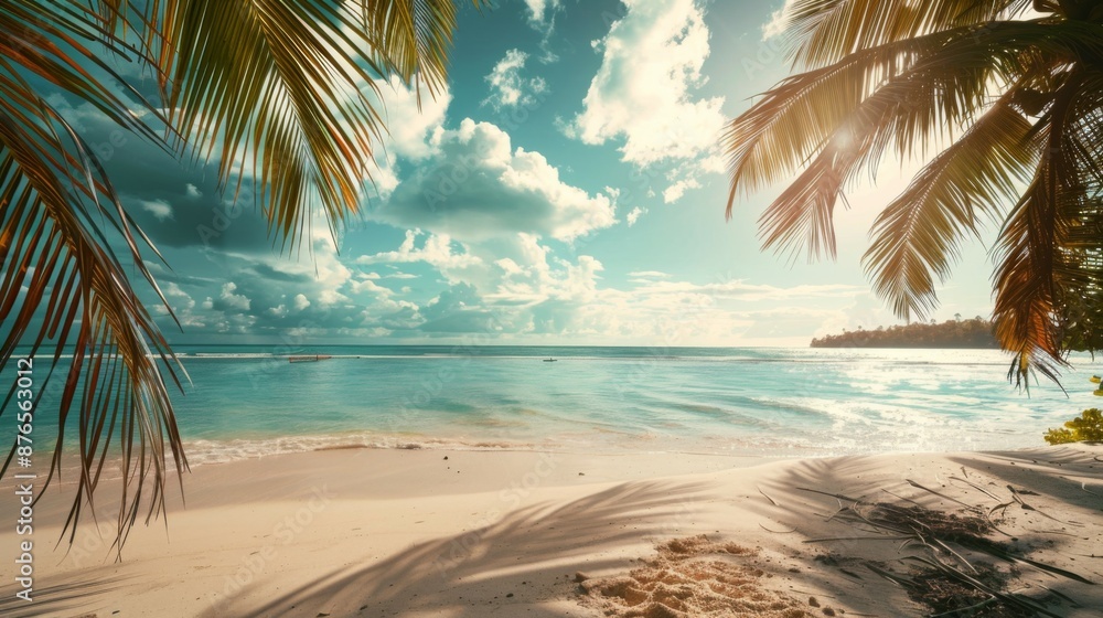 Fototapeta premium A beautiful sunlit tropical beach with leaning palm trees framing the serene ocean waves, under a partly cloudy sky, creating an idyllic and tranquil atmosphere.