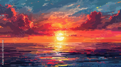 Fototapeta Naklejka Na Ścianę i Meble -  A vibrant sunset with rich, colorful hues reflecting off the calm ocean waters, creating a mesmerizing and serene atmosphere as day transitions into night.
