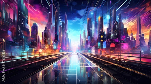 Futuristic city at night with moving cars and high-rise buildings