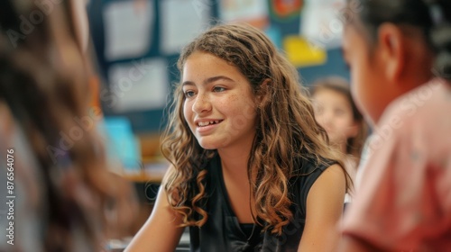 Wallpaper Mural Young girl with curly hair passionately engaged in a conversation with her peers in a classroom setting, representing enthusiasm and interactive learning environment. Torontodigital.ca