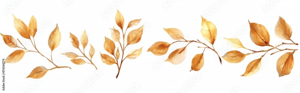 Naklejka premium Antique watercolor set of branches with gold leaves on a white background