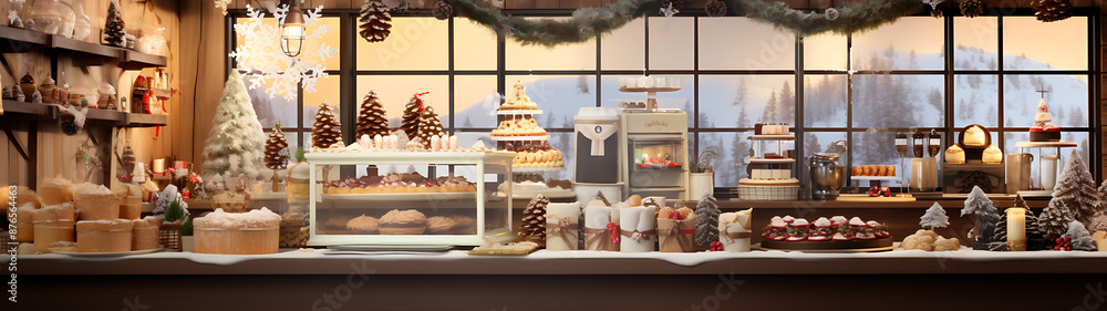 Fototapeta premium A winter wonderland bakery scene with warm brown wood and white snow, showcasing a festive holiday dessert spread.