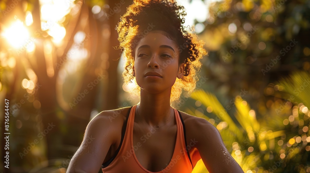A woman is sitting in the sun with her hair in a bun. She is wearing an orange tank top and she is meditating A woman is sitting in the sun with her hair in a bun. She is wearing an orange tank top and she is meditating