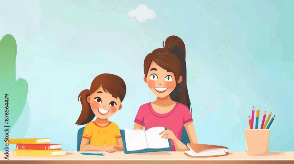 An adult is assisting a child with reading a book at a table, surrounded by colorful pencils and books, emphasizing the importance of education and support in learning.