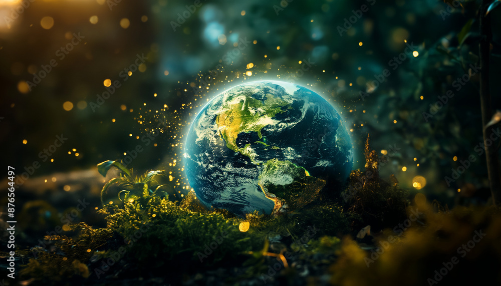 Earth glowing with light, surrounded by lush foliage and sparkling lights, symbolizing a magical connection with nature. Earth glowing with light, surrounded by lush foliage and sparkling lights, symbolizing a magical connection with nature.