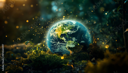 Earth glowing with light, surrounded by lush foliage and sparkling lights, symbolizing a magical connection with nature. © Steven