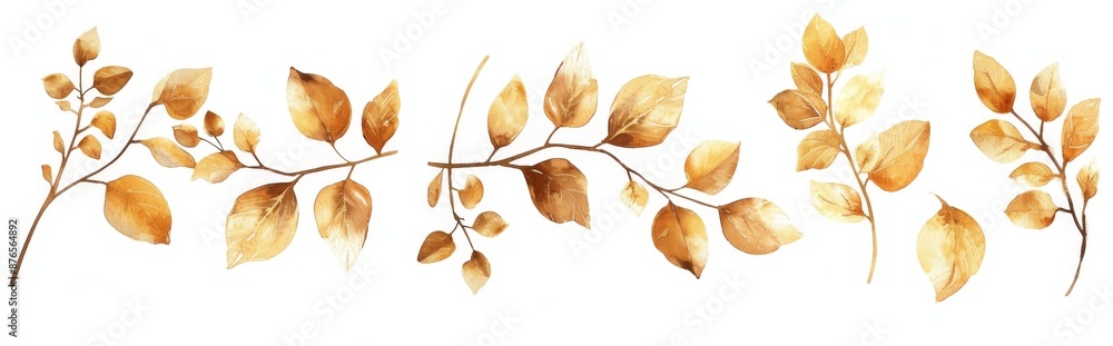Antique watercolor set of branches with gold leaves on a white background Antique watercolor set of branches with gold leaves on a white background