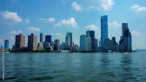 A panoramic view of a city's skyline during the day, highlighting a mix of old and new architecture standing tall against a backdrop of clear blue skies and serene waters.