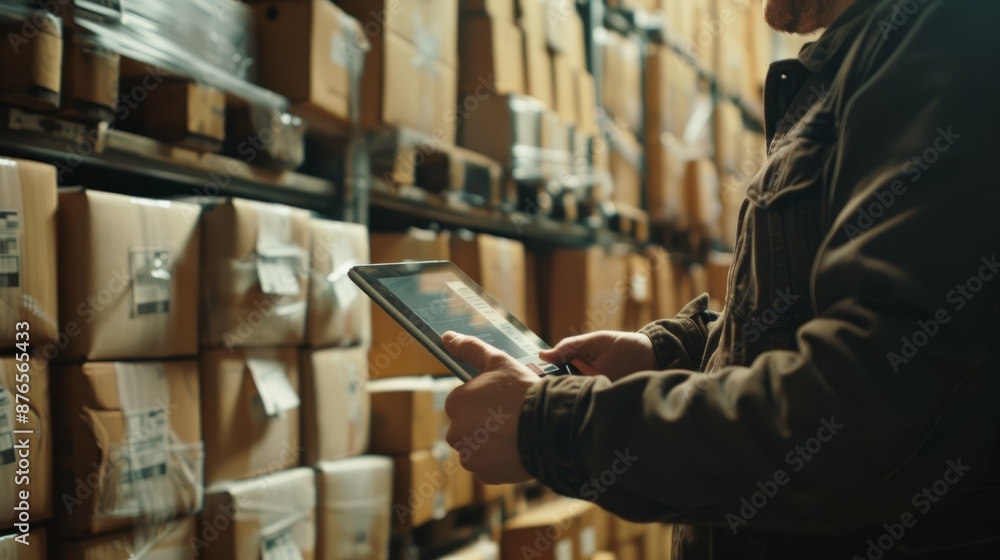 logistics, man hands scanning barcodes in warehouse with tablet for price or serial number generative ai logistics, man hands scanning barcodes in warehouse with tablet for price or serial number generative ai