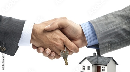 Two property agents shaking hands with a miniature house and keys on a clean white background