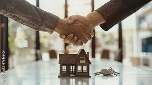 Two property agents shaking hands with miniature house and keys photo