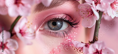 Close-up of a blue eye with pink makeup surrounded by delicate cherry blossoms, creating a fresh, spring-inspired look. photo