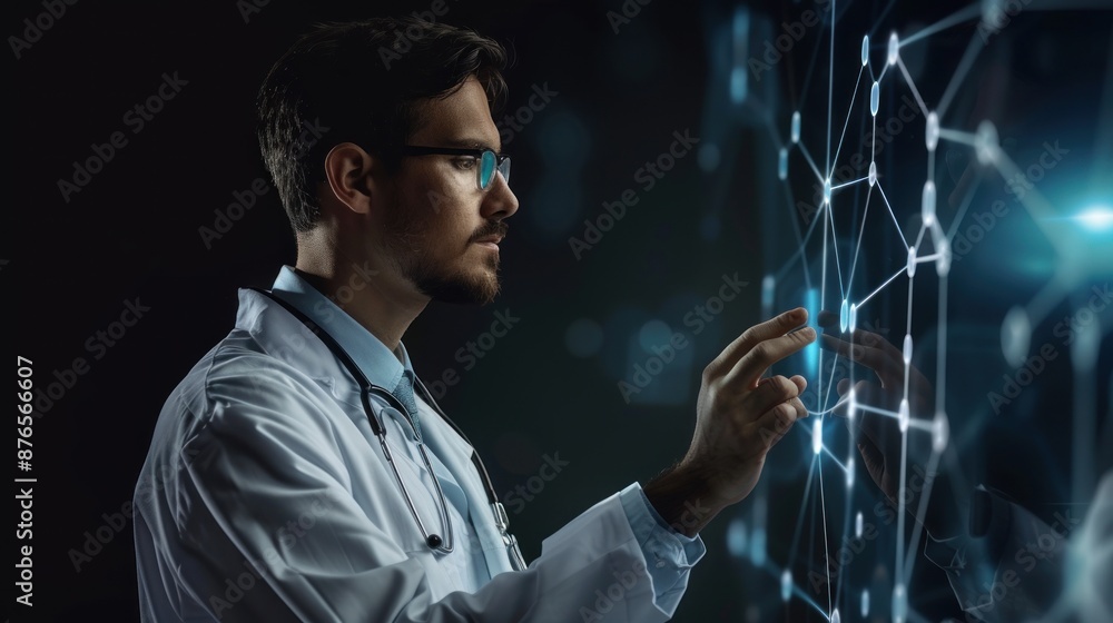 Doctor touching electronic medical record on modern virtual screen with network connection on interface, medical technology and futuristic concept Doctor touching electronic medical record on modern virtual screen with network connection on interface, medical technology and futuristic concept
