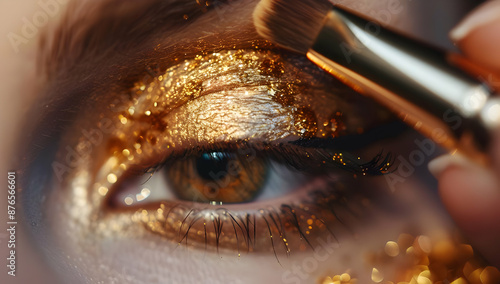 Close-up of an eye being adorned with shimmering gold eyeshadow using a makeup brush, highlighting the intricate details and luminous quality.
