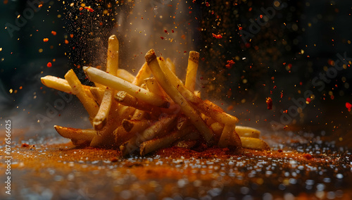 Fototapeta Naklejka Na Ścianę i Meble -  Close-up of crispy, seasoned French fries with spices and herbs, showcasing delicious street food and snack concepts.