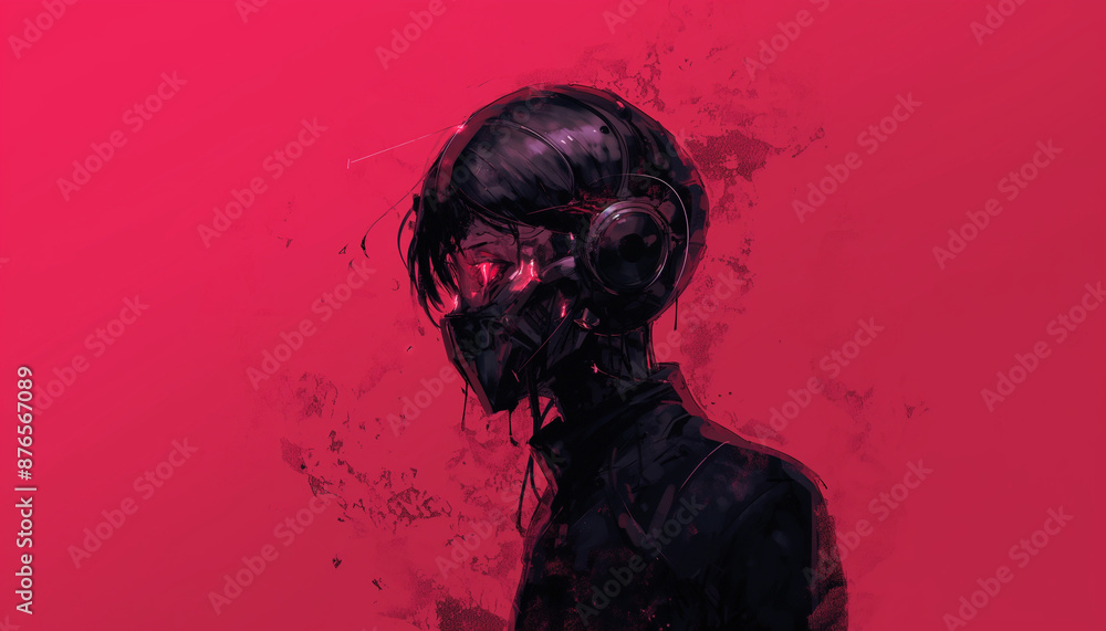 Cybernetic portrait of a person with mechanical features, set against a bold red background, highlighting futuristic elements. Cybernetic portrait of a person with mechanical features, set against a bold red background, highlighting futuristic elements.