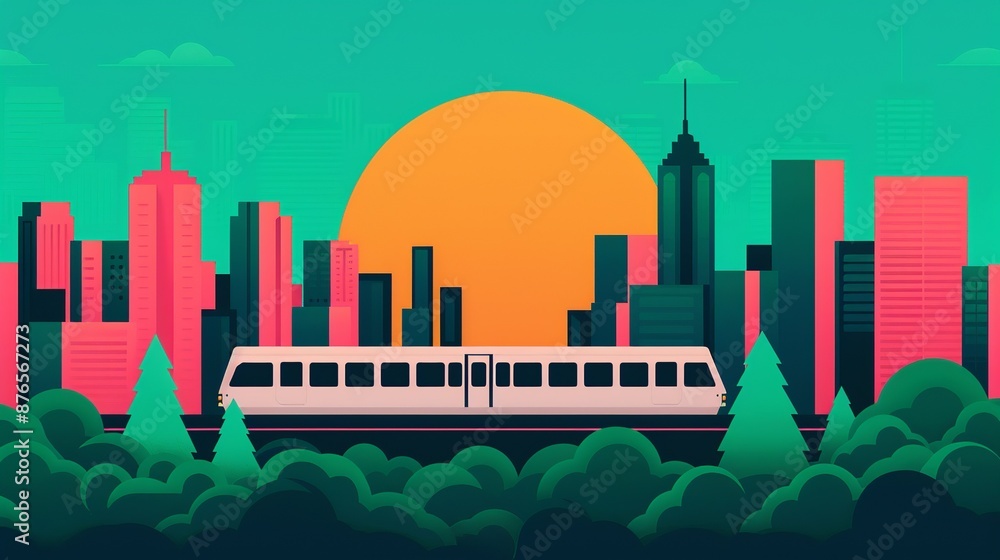 Obraz premium Sustainable cities depicted by eco-friendly infrastructure efficient public transit and green buildings promoting urban development that minimizes environmental impact Background Illustration, Bright