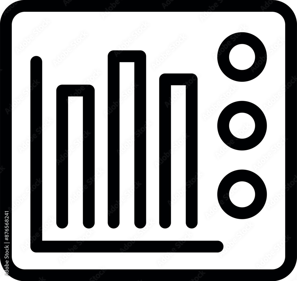 Simple black and white icon of a bar chart with buttons, symbolizing data analysis and user interface Simple black and white icon of a bar chart with buttons, symbolizing data analysis and user interface