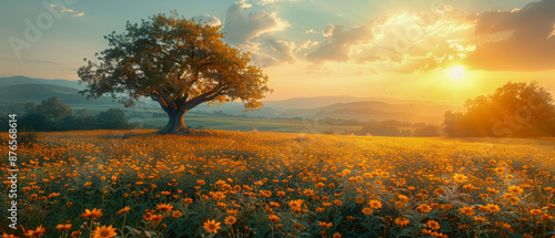 Golden Sunrise Over Field With Lone Tree