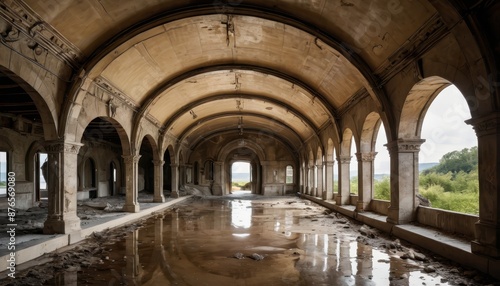 Abandoned Arched Hallway with Water Reflections.