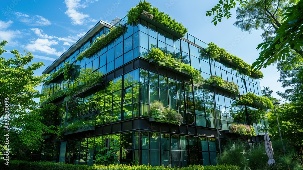 Lush greenery adorns the facade of a modern glass building, creating a harmonious blend of nature and architecture. Lush greenery adorns the facade of a modern glass building, creating a harmonious blend of nature and architecture.