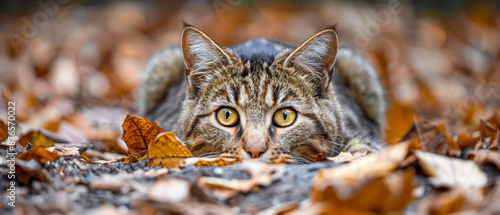 Curious Cat Hiding in Autumn Leaves