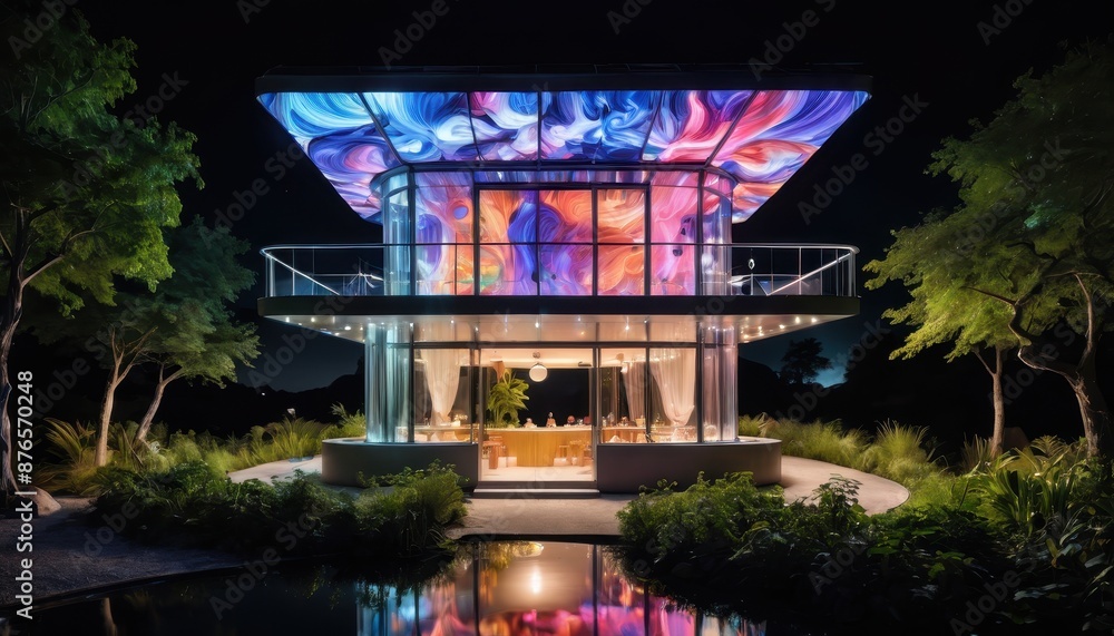 Modern Glass House with Colorful Lights at Night. Modern Glass House with Colorful Lights at Night.