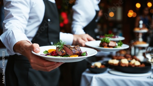 Waiter serving gourmet meat dishes at a festive event - fine dining and culinary service
