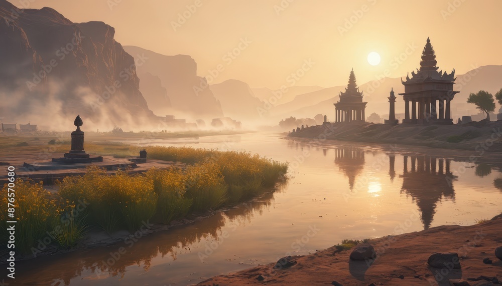Obraz premium Ancient Temples in the Mist at Sunset.