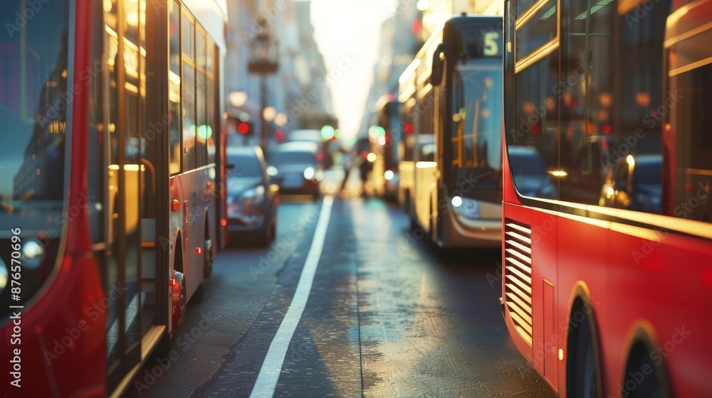 Realistic closeup of public transport vehicles in a bustling city ...