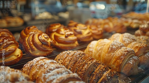 Closeup of freshly baked goods in a bakery setting, realistic skin tones, deep depth of field, 8k resolution, focus covering all objects, stunning photography photo