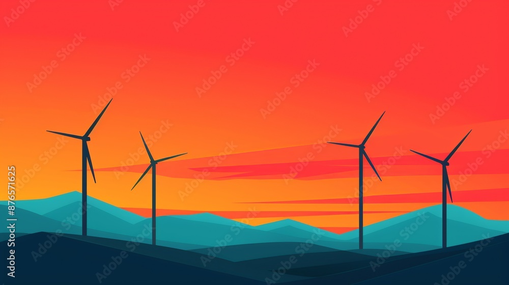 Obraz premium Renewable energy innovations in solar, wind, and hydro power technologies, driving sustainability and reducing reliance on fossil fuels. Background Illustration, Bright color tones, , Minimalism,