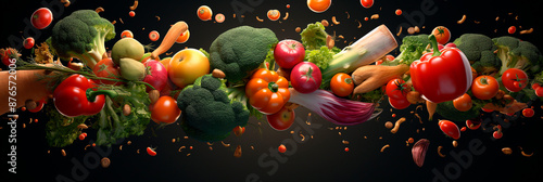 Banner with vegetables on black background. Vegetable splash harvest.