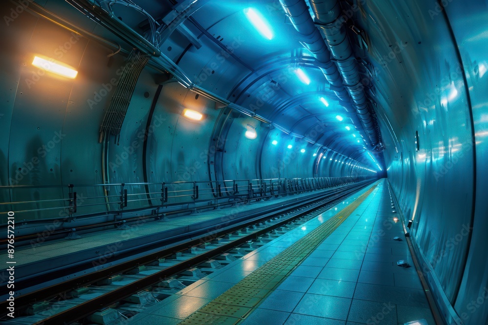 Modern Tunnel with Immersive Picture Projections Futuristic Architectural Design, Illuminated Subway Corridor, Artistic Display, Creative Lighting, Tunnel Interior, Urban Transport, Interactive Art Modern Tunnel with Immersive Picture Projections Futuristic Architectural Design, Illuminated Subway Corridor, Artistic Display, Creative Lighting, Tunnel Interior, Urban Transport, Interactive Art