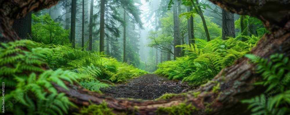 Fototapeta premium Mystical Forest Path Framed by Lush Greenery, A Serene Escape into Nature's Embrace, Discover Tranquility Amidst the Trees, A Vision of Tranquility, Framed Portraits of Nature's Beauty, Explore the