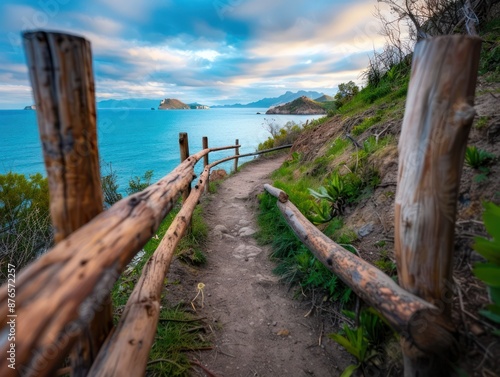 Scenic Coastal Path Framed by Rustic Wooden Rails, A Breathtaking View of the Ocean and Mountain Peaks, Natural Beauty at its Finest