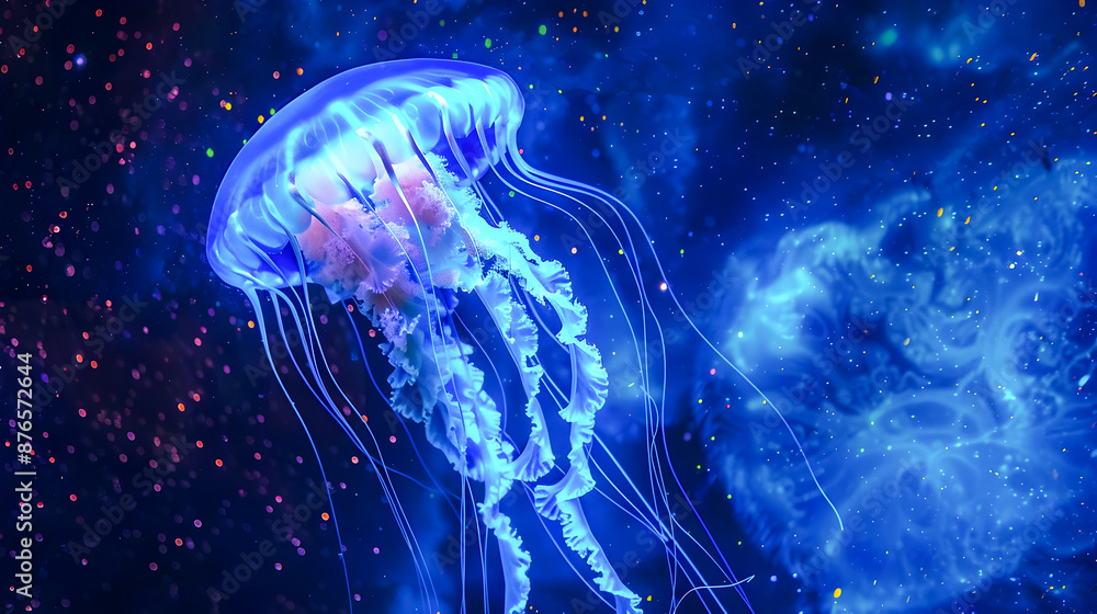Fototapeta premium Ethereal bioluminescent jellyfish glowing with neon light swimming in a deep blue cosmic abyss filled with twinkling stars and galaxies Mystical medusa like creature in a serene