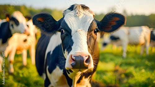 Cows grazing in a picturesque pastoral meadow landscape on a scenic countryside farm The herd of dairy cattle are feeding on the lush green grass in a peaceful rural scene