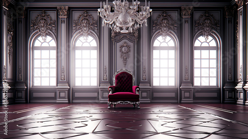 A luxurious, ornate room with a red velvet chair, gold accents, and a grand chandelier, evoking elegance and royalty. 