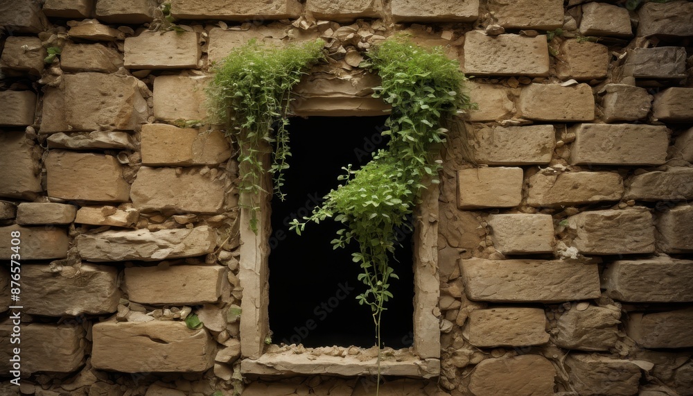 Stone Wall with Window and Vines. Stone Wall with Window and Vines.