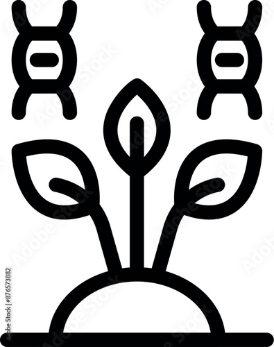 Line icon of a genetically modified plant growing from the ground, surrounded by two dna icons