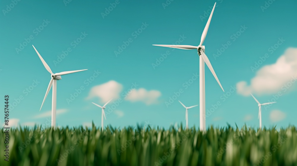 Wind turbines spinning in a green field under a clear blue sky representing the shift towards wind energy as a sustainable alternative to fossil fuels for a cleaner environment. Background Wind turbines spinning in a green field under a clear blue sky representing the shift towards wind energy as a sustainable alternative to fossil fuels for a cleaner environment. Background