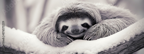 Sleepy sloth resting in snow.